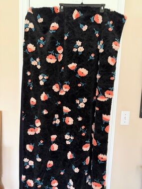Anthropologie Black Floral Plush Throw Blanket